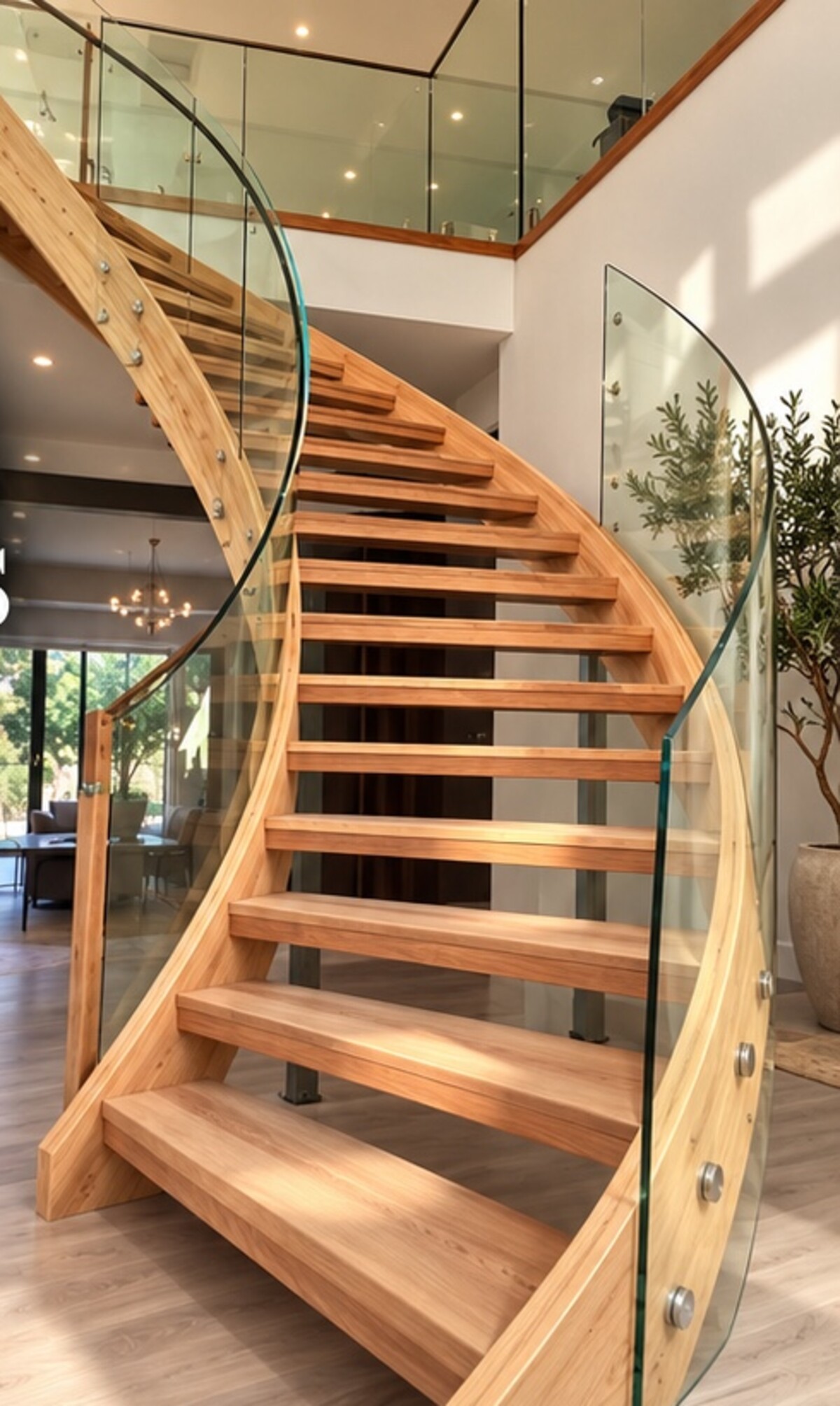 Curved timber feature staircase with frameless glass balustrades